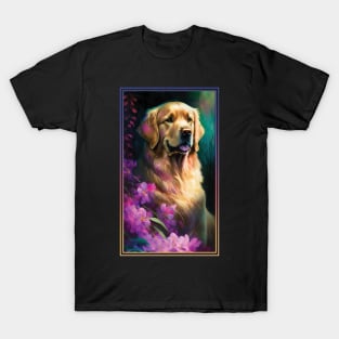 Golden Retriever Dog Vibrant Tropical Flower Tall Digital Oil Painting Portrait T-Shirt